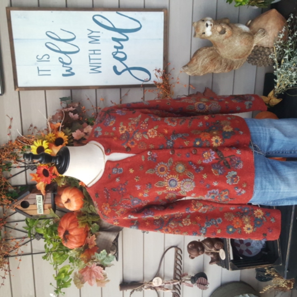 DAVID BROOKS ♡ Burnt Orange Multi Color Floral Embroidered Cardigan Sweater S